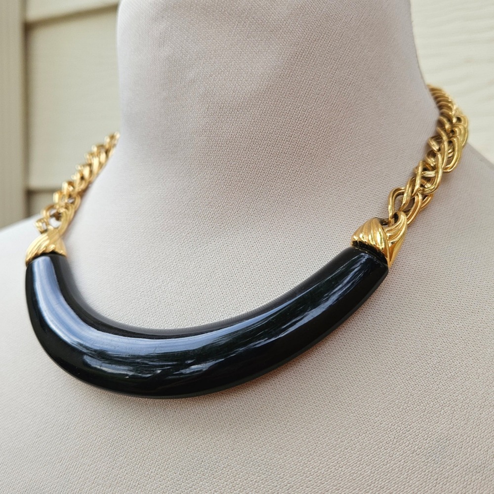 Monet Vintage Black Resin Gold Tone Collar Necklace Signed MCM Statement